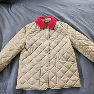Quilted Tan Jacket with Red Collar